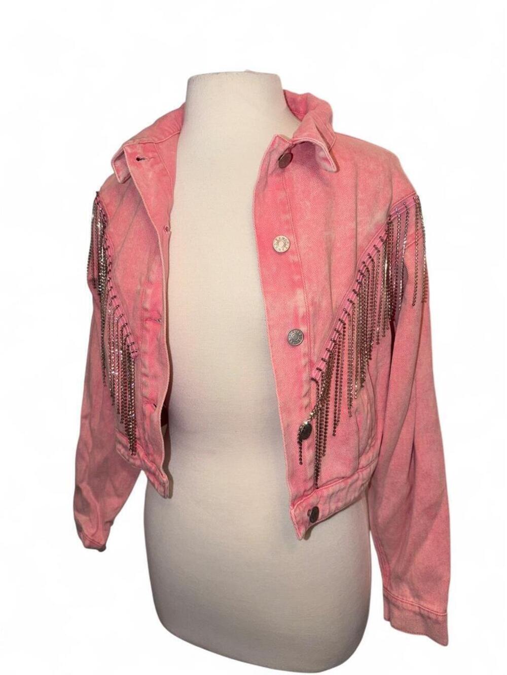 Blue B Collection Pink Distressed Cropped Denim Jacket with Rhinestone Fringe